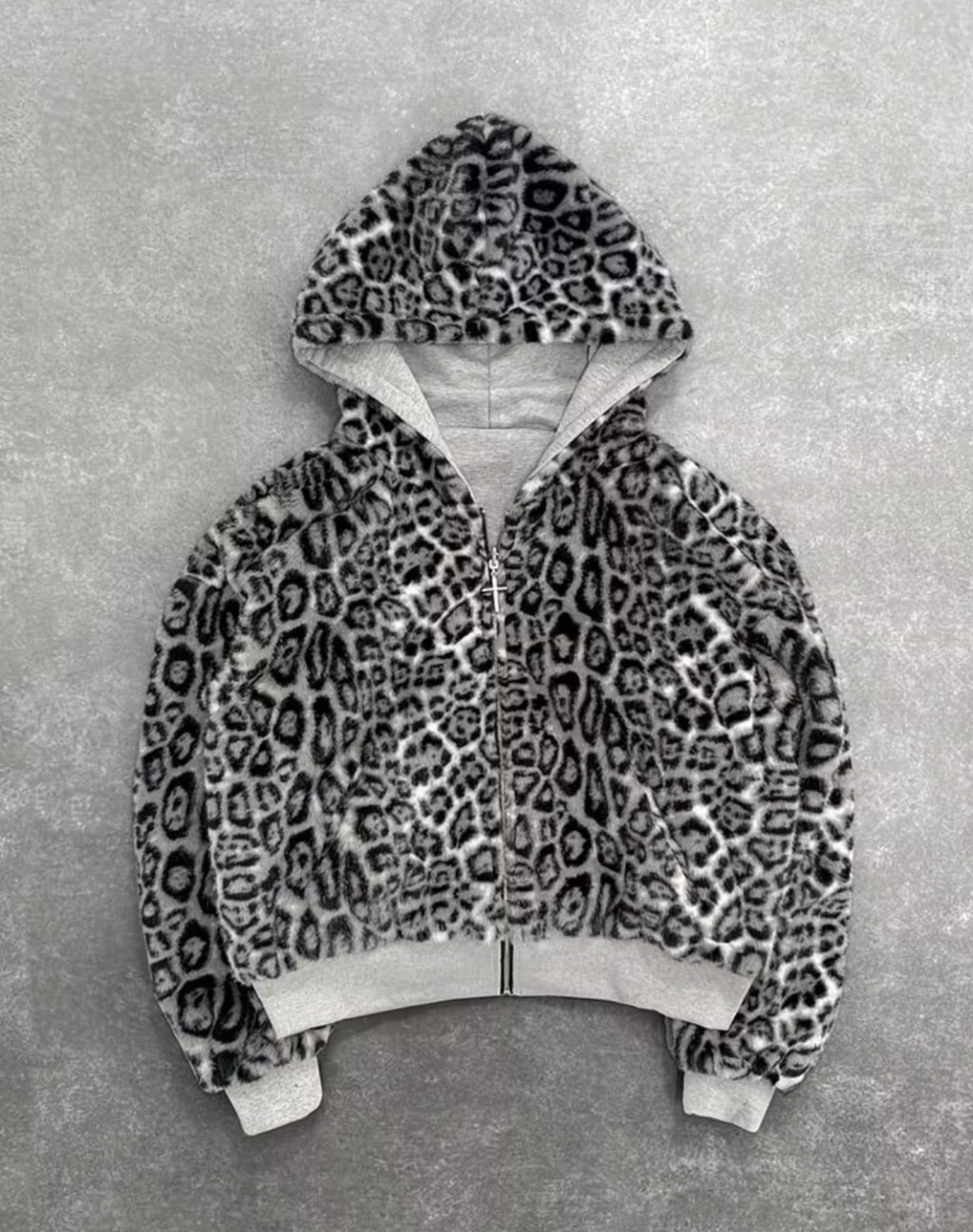 Gray Reversible Cheetah Fur Zipup Hoodie