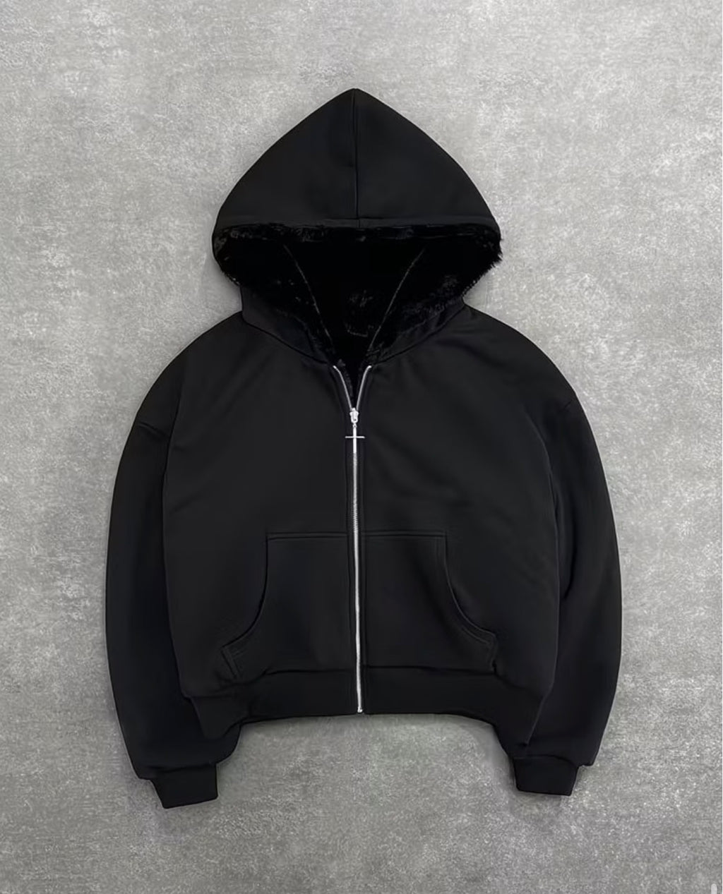 Black Reversible Fur Zipup Hoodie