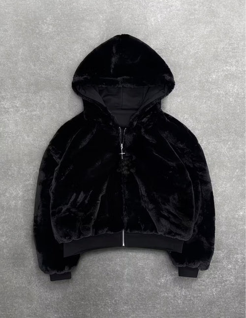 Black Reversible Fur Zipup Hoodie